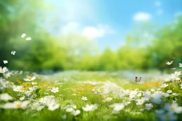 Foto op Canvas Beautiful blurred spring background nature with blooming glade, trees and blue sky on a sunny day. generative ai. © SEUNGJIN
