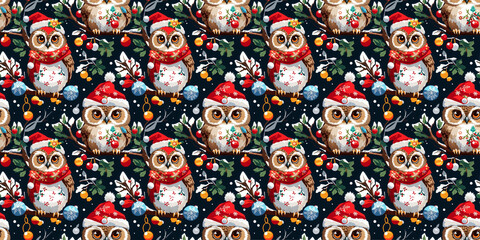 Seamless pattern of an owl in knitted hat and scarf, Christmas decorations and trees.Generative AI