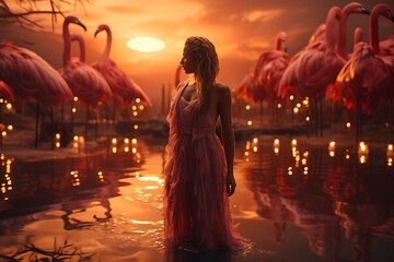 Girl with Flamingos in Pond - Magical Moment