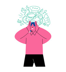 Stressed business woman with hands on his head with doodle abstract elements on background. Flat vector illustration isolated on white background