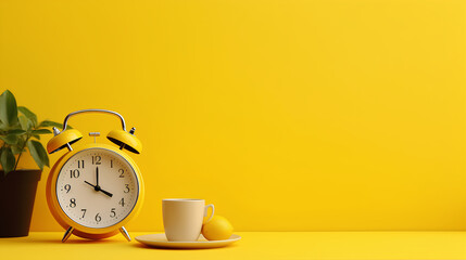 yellow alarm clock and cup of coffee
