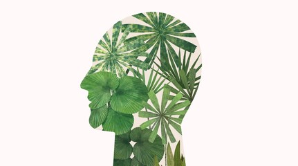 Palm leaf in human head. conceptual art. - obrazy, fototapety, plakaty