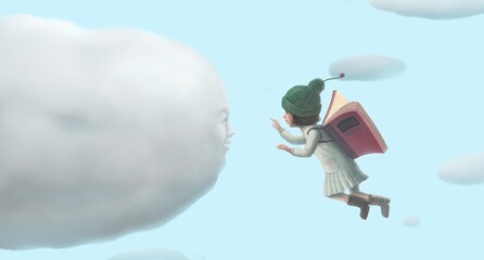 Book, imagination, education, dream and child conceptual art. a girl and a cloud.