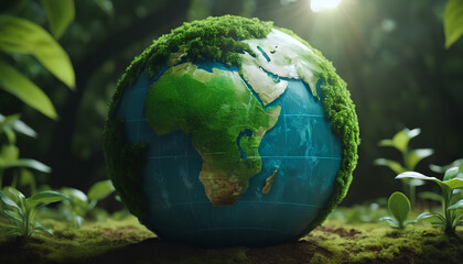 Obraz na płótnie Canvas World environment and Earth Day concept with a green globe. An eco-friendly and symbolic representation emphasizing importance of environmental consciousness and global sustainability, Generative AI