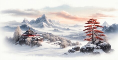 Stunning morning view of Torsfjorden fjord with Ramberg village and snowy mountain peaks at backgroud Quiet snow-covered winter landscape with mountains generative ai 

