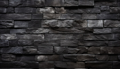 Black brick texture background. Modern black stone tile wall pattern and background. 