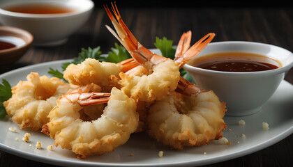 Cooked tempura shrimp on a plate with dipping sauce. A delicious and crispy seafood dish served with a flavorful dipping sauce, Generative AI. - obrazy, fototapety, plakaty