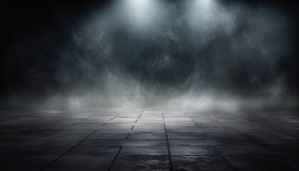 Background of an empty dark room. Empty walls, lights, smoke, Abstract light in a dark empty street with smoke. Dark street, night smog and smoke. 
