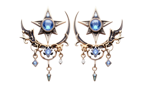 Realistic Celestial Charm Earrings Imagery on a Clear Surface or PNG Transparent Background.