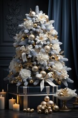  Luxury silver Christmas tree with gift boxes. Stylish New Year's interior. 