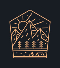 Simple color monoline design camp on the mountain nature vector illustration for badge, sticker, t shirt design and outdoor design