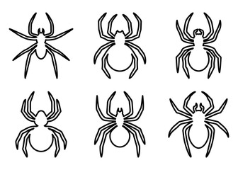 Set of black spider line icons. Spider silhouette collection isolated on white background. Vector illustration
