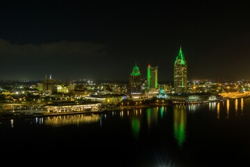 Downtown Mobile, Alabama riverside skyline at night