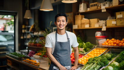 八百屋で働くアジア人男性