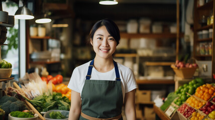 八百屋で働くアジア人女性