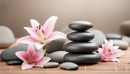  Lily and spa stones in zen garden. Stack of spa massage stones with pink flowers. copy space