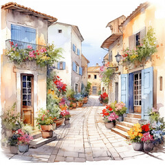 Fototapeta na wymiar 絵のように美しい素敵な街並みの水彩イラスト 