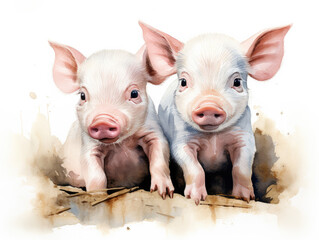 Cute Piglets Watercolor Painting 