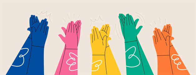 Hands of various people applauding. Cheering, ovation, applauding concept. Colorful vector illustration