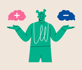 Woman making choosing decisions Positive and negative thoughts. Colorful vector illustration