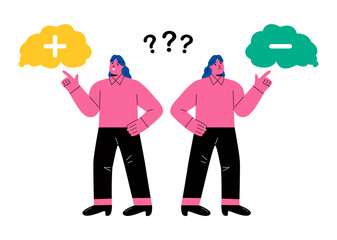 Business woman making choosing decisions Positive and negative thoughts. Comparison concept. Pros and cons with two choices. Flat vector illustration isolated on white background