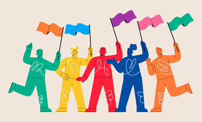 Crowd of protesters holding banners and placards. Group of men and women activists. Colorful vector illustration