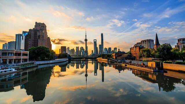 Shanghai skyline and modern buildings scenery at sunrise, China. Famous city landmarks in China. Fixed camera shooting.