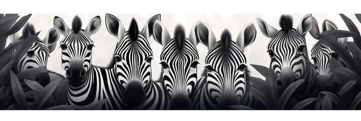 Monochrome banner of many zebras peeking through foliage. Zebra day celebration concept