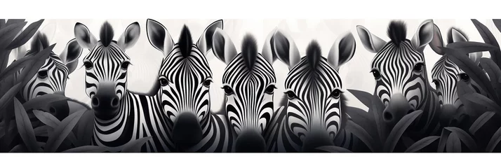 Fotobehang Monochrome banner of many zebras peeking through foliage. Zebra day celebration concept © vasanty