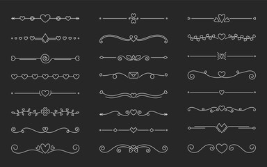 Hearts border divider white editable line set. Love vintage decorative line separator heart arrow geometric curved frame border Valentines day wedding romantic invitation swirl ornate page isolated