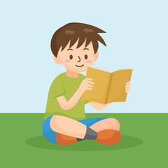 Vector illustration of student reading on the grass. Illustration of a boy reading that can be used in education.