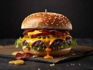 double meet Burger with melting cheddar cheese and bacon centralized on a gray surface and brown background.