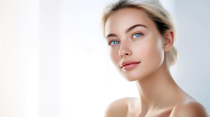 Fototapeta premium Image of woman with blue eyes on a white background.