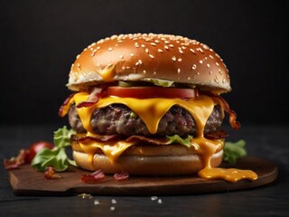 double meet Burger with melting cheddar cheese and bacon centralized on a gray surface and brown background.