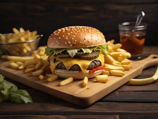 French fries fall next to cheeseburger, lying on vintage wooden cutting board.