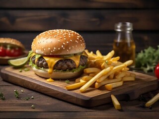 French fries fall next to cheeseburger, lying on vintage wooden cutting board.