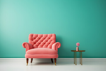 Pink armchair on colorful green wall background electric retro interior