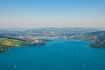 Aerial View over City of Lucerne and Lake Lucerne and Mountain in Lucerne, Switzerland.