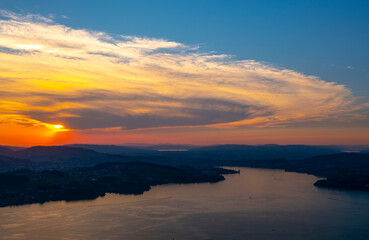 Aerial View over Lake Lucerne and Mountain in Sunset in Lucerne, Switzerland.