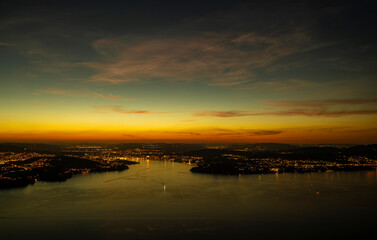 Fototapeta premium Aerial View over Lake Lucerne and Mountain in Dusk in Lucerne, Switzerland.