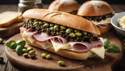 Mortadella and pistachios sandwich. A delectable combination showcasing the savory richness of mortadella paired with the nutty crunch of pistachios, Generative AI. - obrazy, fototapety, plakaty