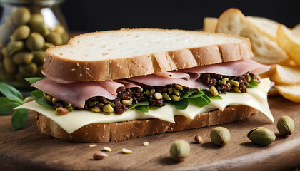 Mortadella and pistachios sandwich. A delectable combination showcasing the savory richness of mortadella paired with the nutty crunch of pistachios, Generative AI.