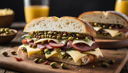 Mortadella and pistachios sandwich. A delectable combination showcasing the savory richness of mortadella paired with the nutty crunch of pistachios, Generative AI.