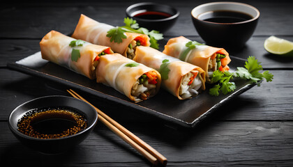 Vegetable-filled spring rolls accompanied by a side of savory soy sauce. generative AI.