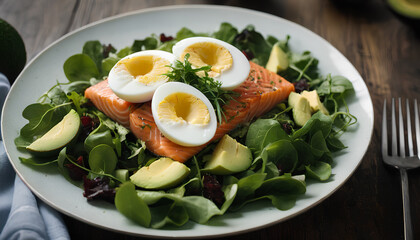 Salmon salad featuring smoked salmon, hard-boiled eggs, creamy avocado, and crisp leafy greens , generative AI.