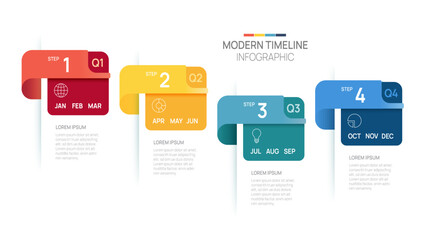 Business step timeline infographic arrow template. Modern milestone element timeline diagram calendar and 4 quarter topics, vector infographics.