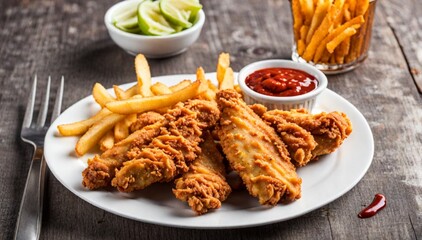  Fried chicken strips and french fries.