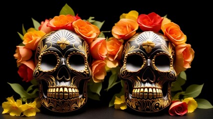 Fototapeta premium sugar skull with floral ornament on black background. AI Generated