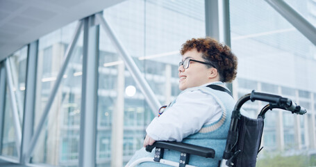 Business, woman in wheelchair at office thinking with smile and commute to work in morning....
