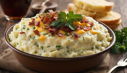bacon-infused mashed potatoes: creamy delight with cheddar cheese and fresh parsley, generative AI.